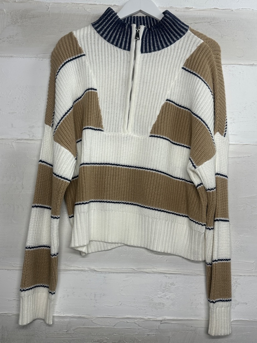 New with tags. Elan sweater. Navy tan camel. 1/4 zip quarter zip. Large